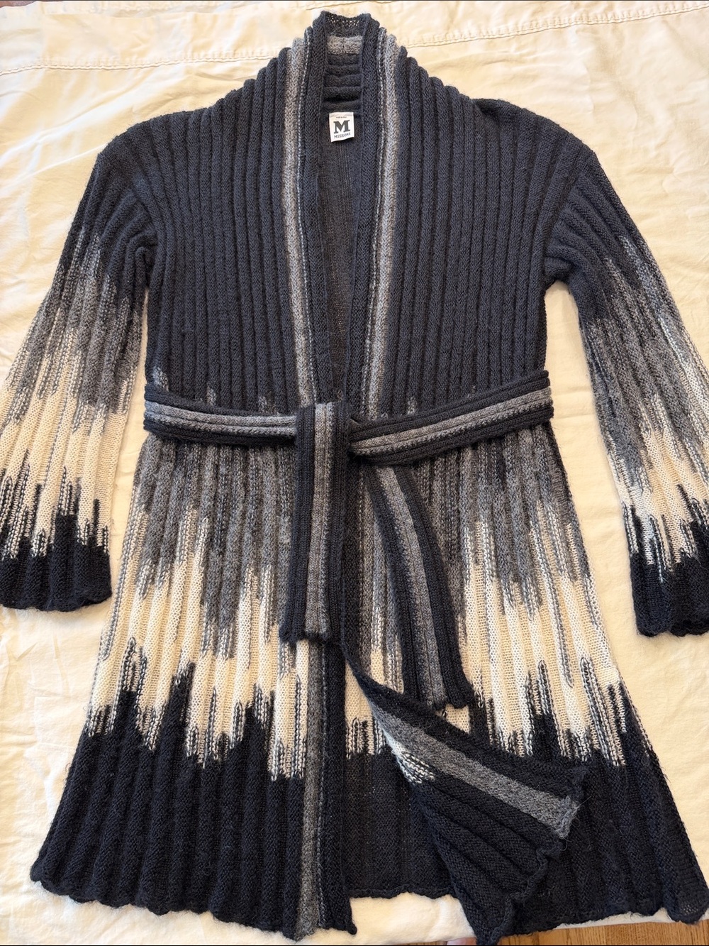 Missoni Ombre Ribbed Belted Cardigan - Black, Gray & Cream